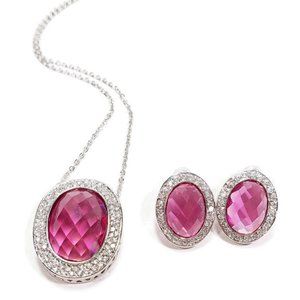 Pink Genuine CZ Rhinestone Necklace Earrings Set
